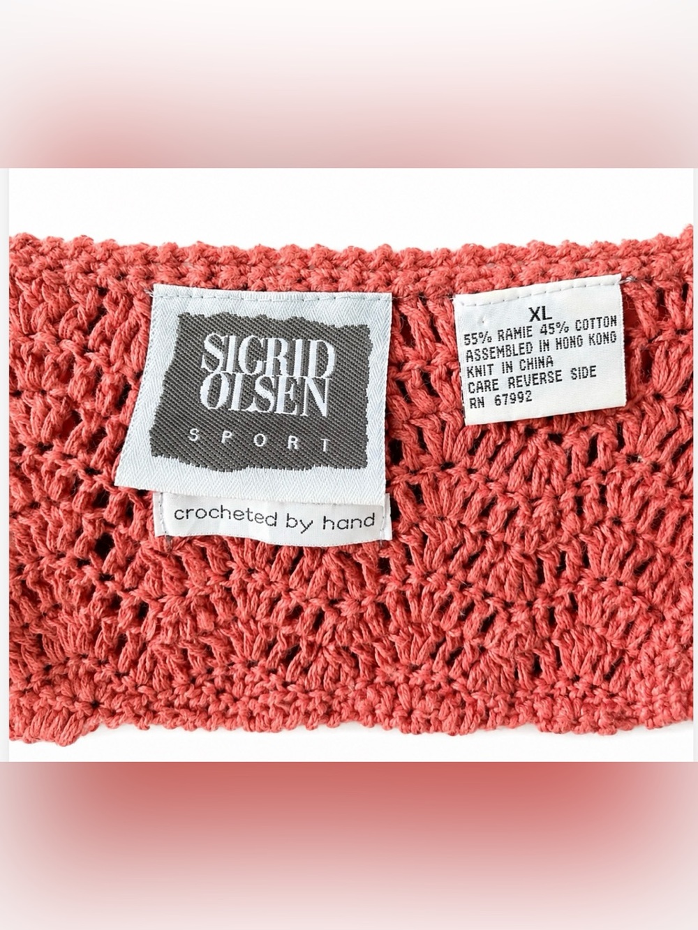 Sigrid Olsen Sport Coral V Neck Sweater Size XL Gorgeous Hand Crocheted - Picture 5 of 7